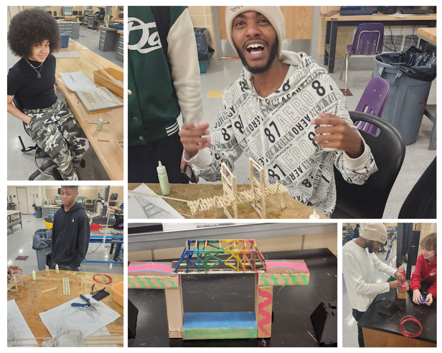 Collage of five different photos showing students at work on a project to build bridges out of balsa wood.